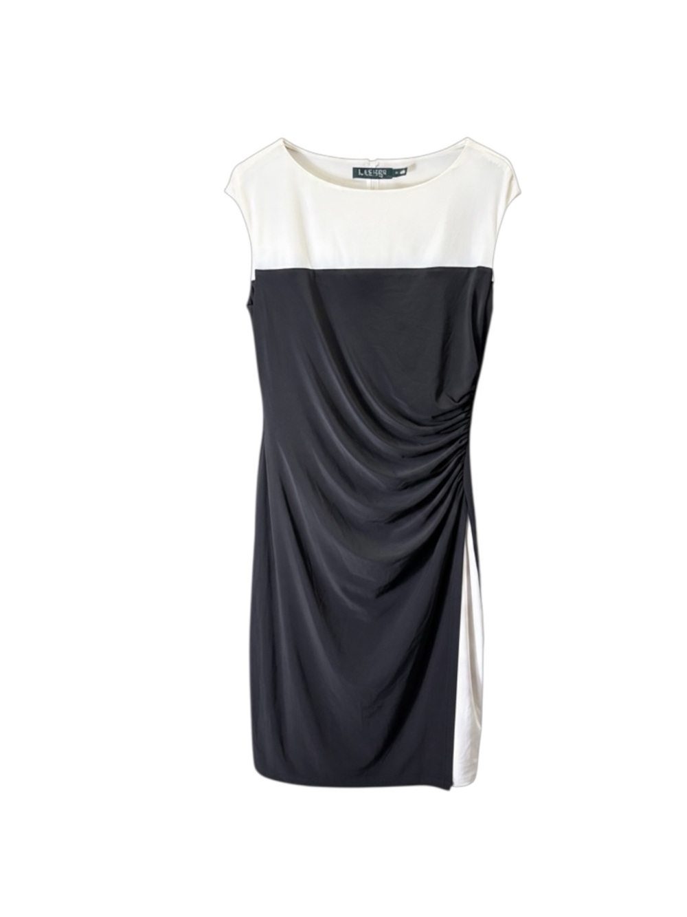 Lauren Ralph Lauren Black and White Ruched Colorblock Midi Dress